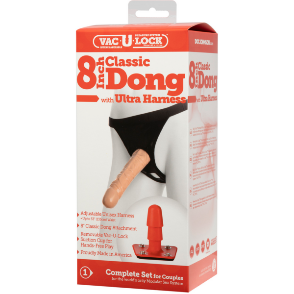 Vac-U-Lock - 8 Inch Classic Dong - With Ultra Harness - Flesh