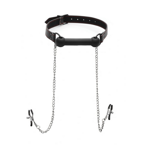 Strict - Silicone Bit Gag + Nipple Clamps - Black